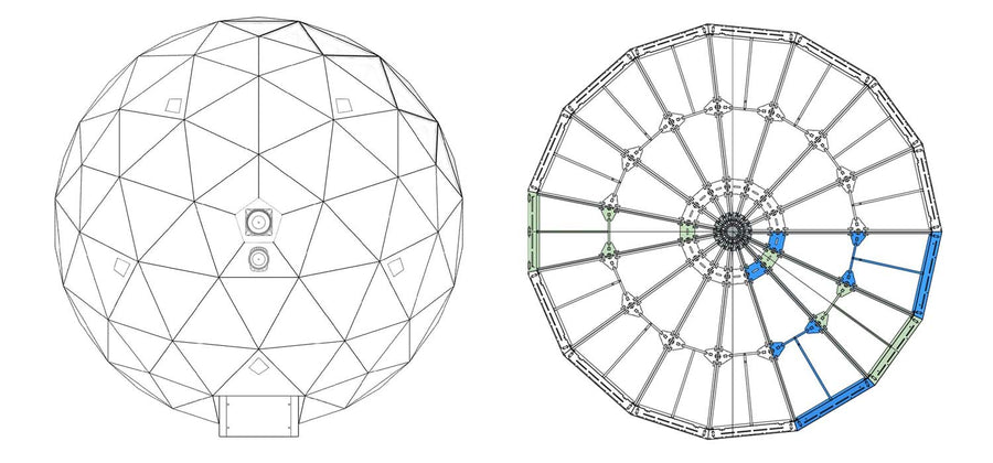 Floor plan and elevation drawings of a GeoHome with its dimensions