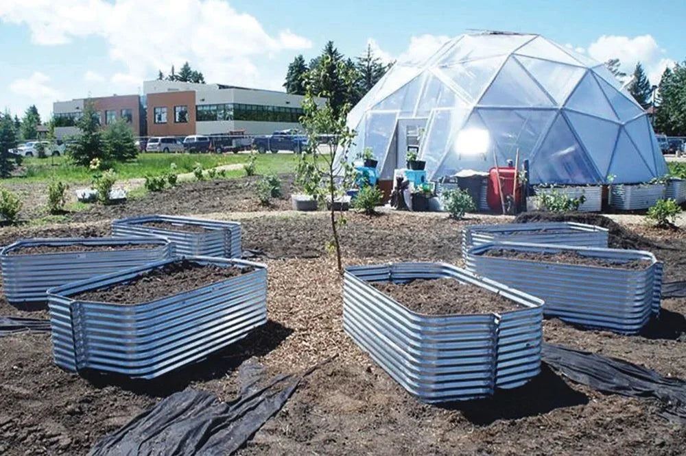 Community garden beds beside a Growing Dome in Lacombe