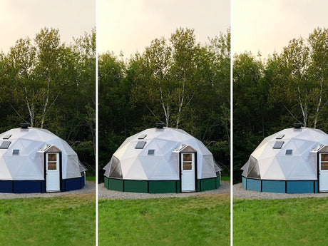 Three Growing Domes with foundation walls painted blue, green and teal