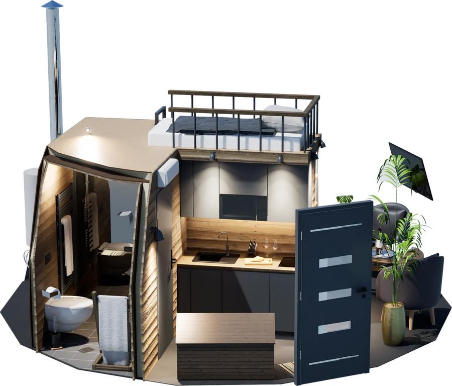 Core Suite divider with a bathroom, kitchenette and loft inside a GeoHome