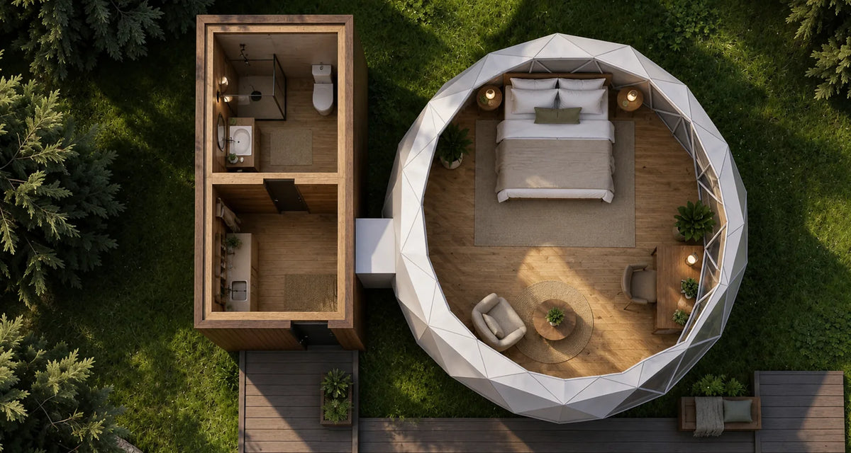 GeoHab module with a bathroom beside a GeoHome furnished as a guest suite