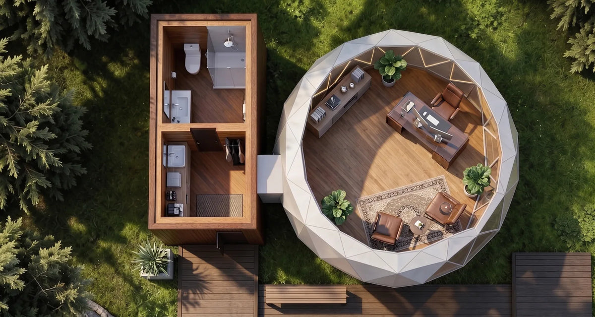 GeoHab module with a washroom beside a GeoHome set up as an office