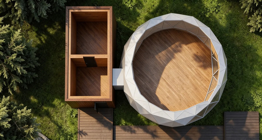 Aerial view of a GeoHome with an empty GeoHab module attached