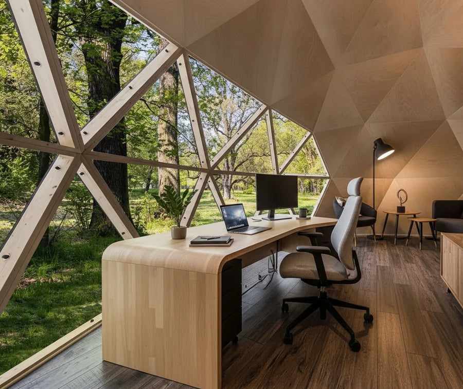 A home office inside a GeoHome, with a curved timber desk facing the trees