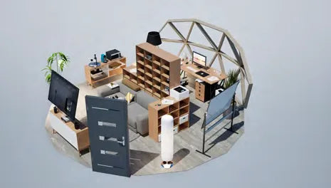 Cutaway render of a GeoHome set up as a home office with shelving