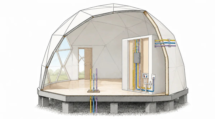Cutaway illustration of electrical and plumbing rough-ins routed through a service wall in a GeoHome
