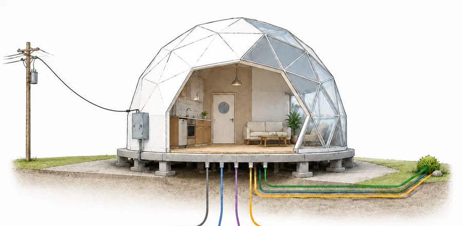 Illustration of utility lines running underground into a GeoHome