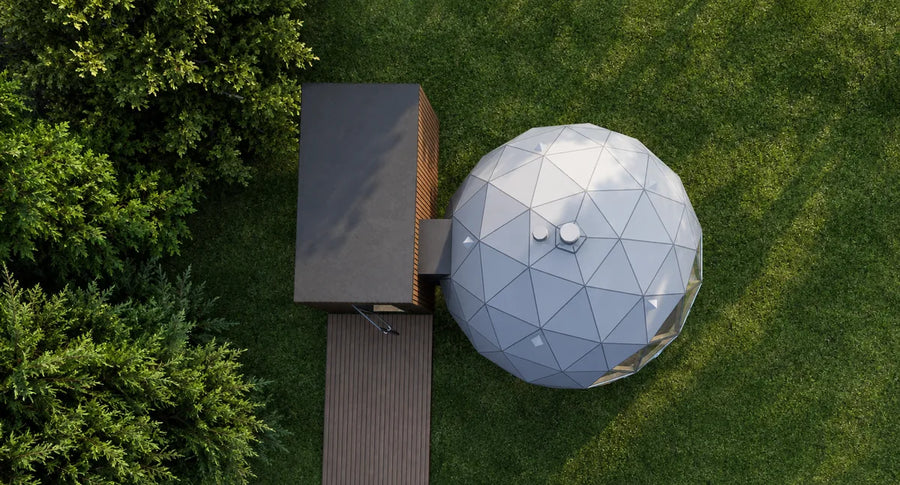 Aerial view of a GeoHome with the GeoHab module at its entrance
