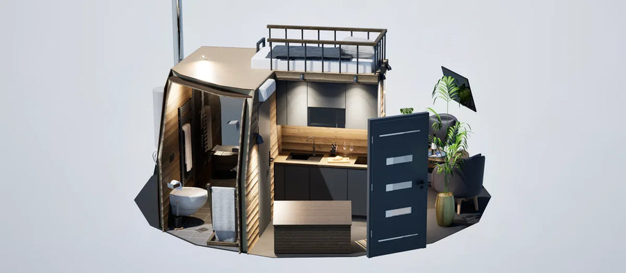 Cutaway render of the Core Suite divider with a bathroom, kitchenette and loft