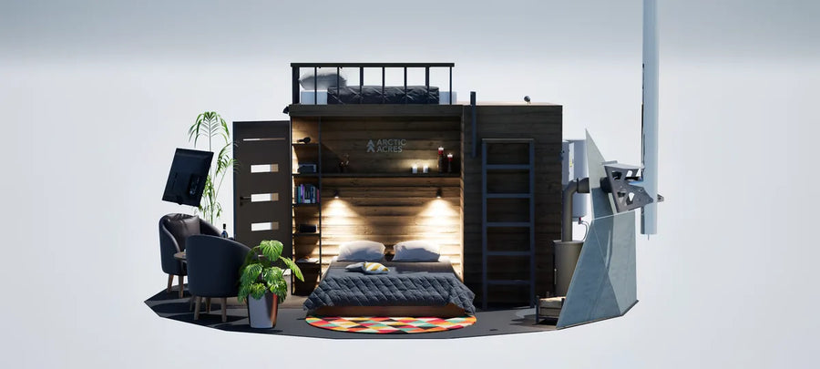Cutaway render of a GeoHome with a fitted room divider, a loft and a bed