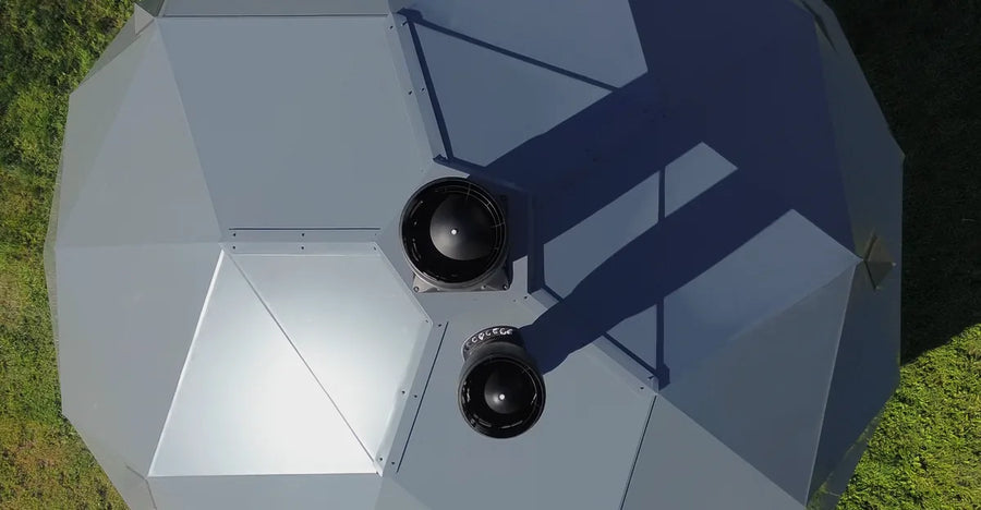 Top-down view of GeoHome roof panels with two exhaust vents