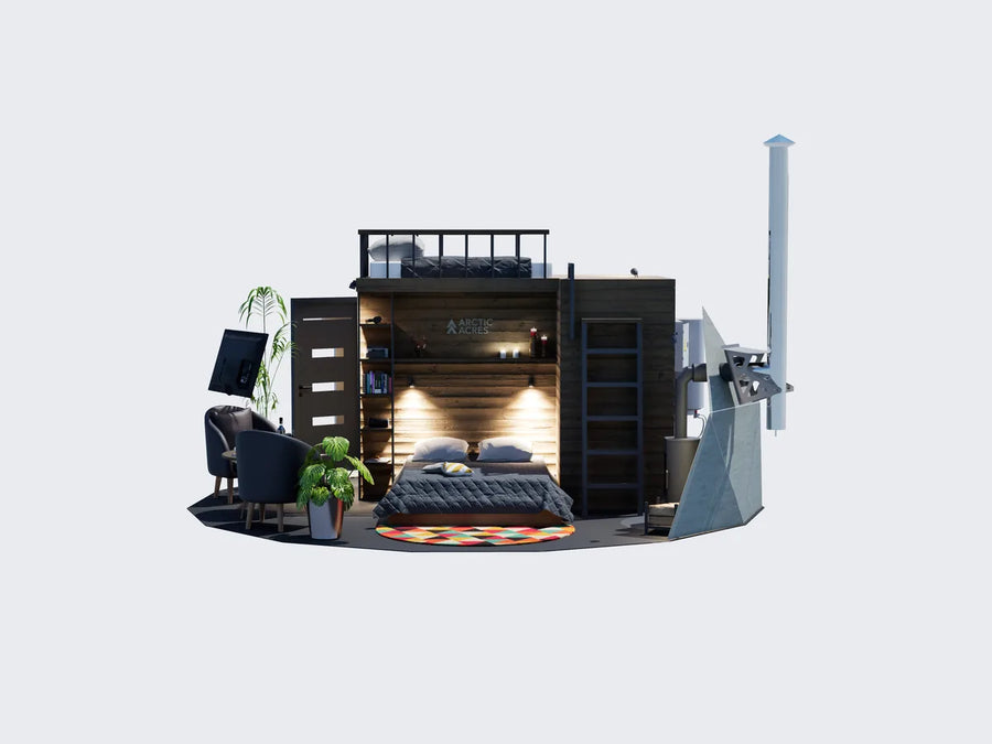 Cutaway render of a GeoHome hospitality suite with a bed below a loft