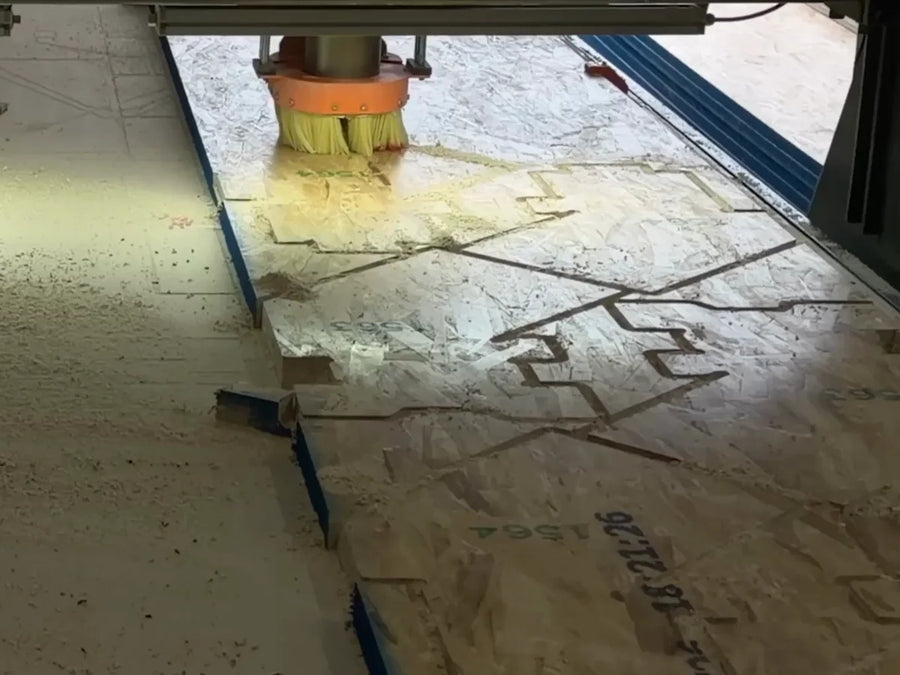 CNC router cutting LockFrame parts from an engineered wood panel