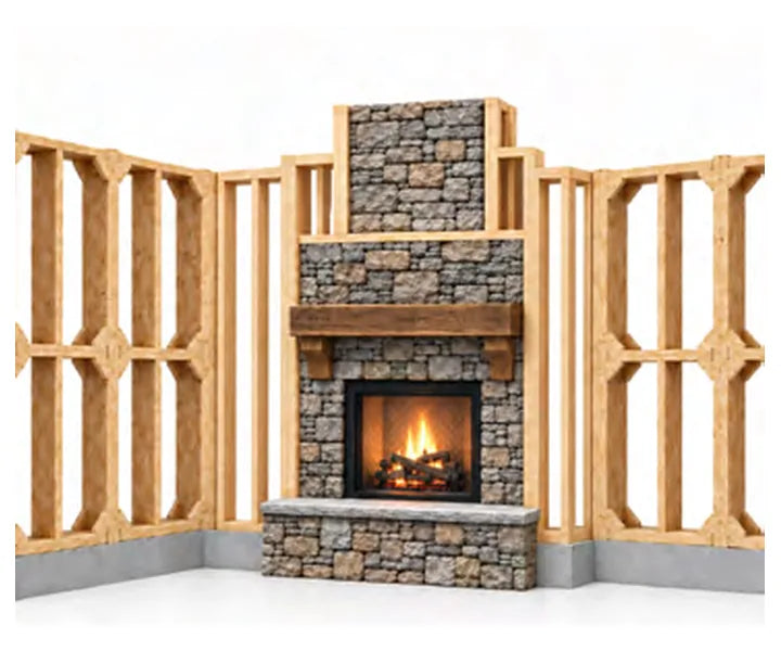 A stone fireplace framed into a LockFrame wall