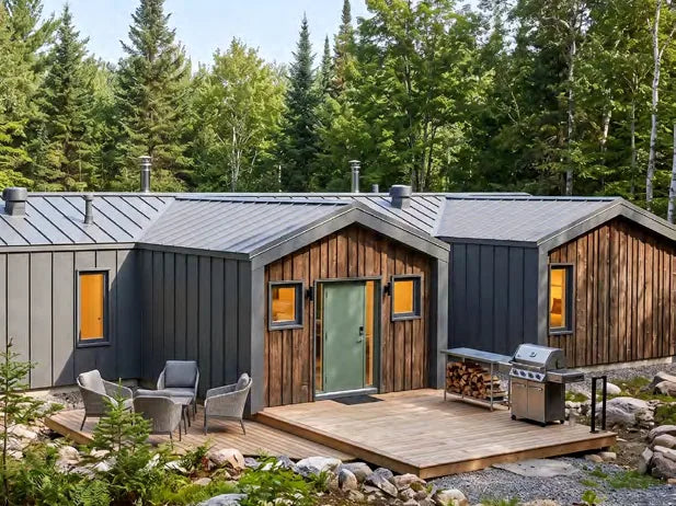 Render of a wood-clad LockFrame building in the forest