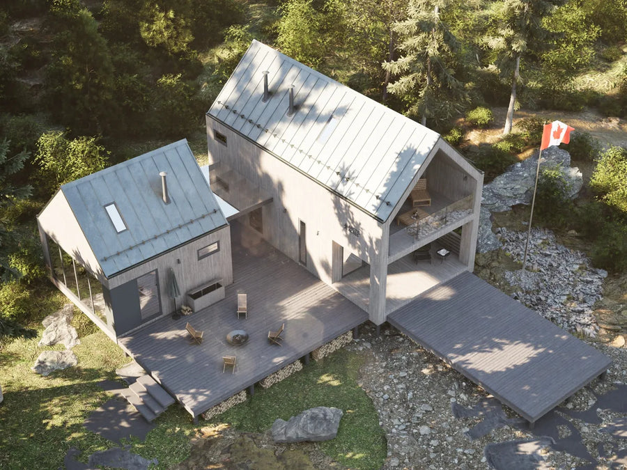 Aerial render of a two-part home built with LockFrame