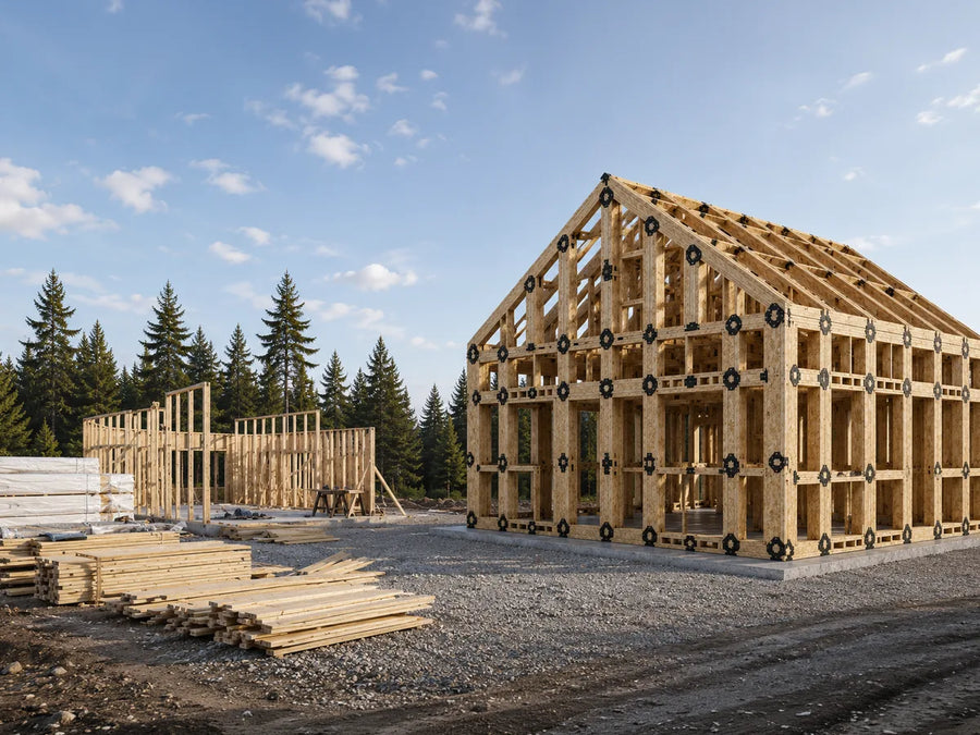 A two-storey LockFrame structure on site beside stacks of components