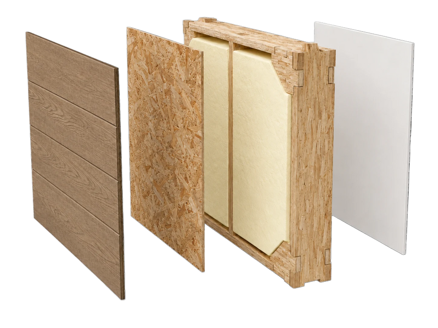 Layers of a LockFrame SIP panel: exterior cladding, OSB sheathing, LSL frame with spray foam and interior finish