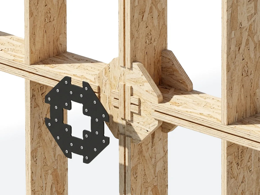 Render of a steel hub plate joining LockFrame members