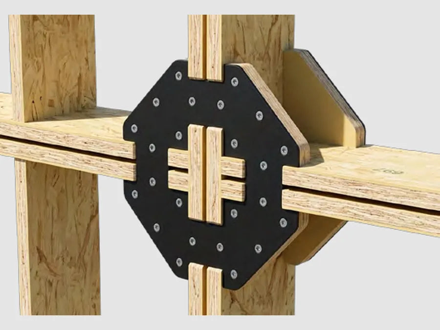 Close-up of a steel hub plate securing a LockFrame joint