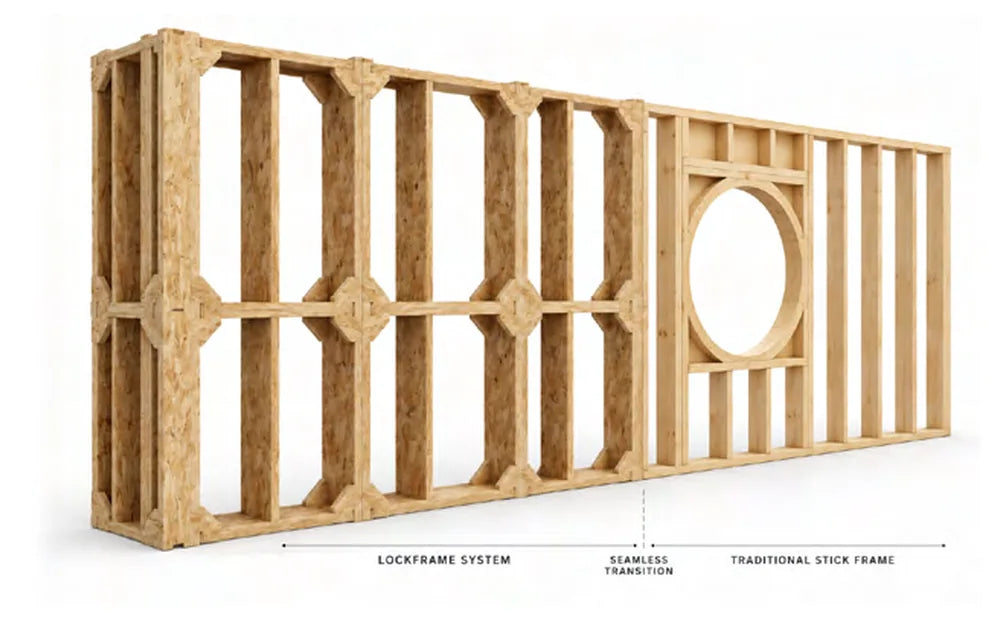 A LockFrame wall joined to a conventional stick-framed wall