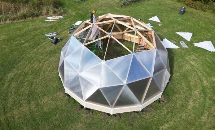 Aerial view of a dome with its glazing panels nearly complete