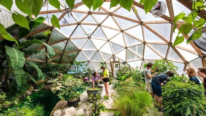 Visitors walking through a large planted Growing Dome